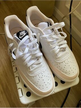 Nike court vision low White Sneakers with Light cream Trim and Black Swoosh